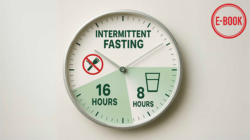 Illustration d’une horloge représentant un cycle de jeûne intermittent 16/8, avec 16 heures sans alimentation et 8 heures de fenêtre alimentaire – image extraite d’un e-book sur le jeûne.