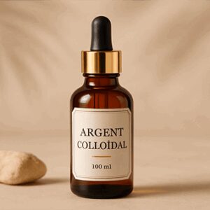 Fiole d’argent colloïdal de 100 ml sur fond neutre, accompagnée du titre "Argent colloïdal : le guide essentiel d’un allié oublié" – image de couverture pour un e-book sur les usages naturels de l’argent colloïdal.