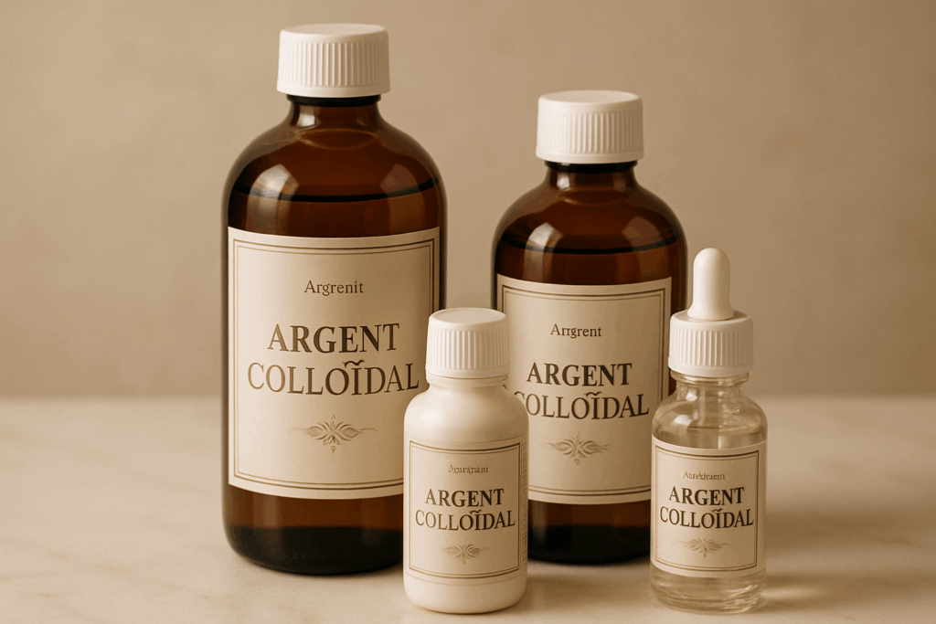 Flacon d’argent colloïdal en verre brun, utilisé pour ses usages traditionnels en soutien naturel.