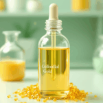 Flacon d’or colloïdal posé sur un tissu naturel, lumière dorée et ambiance apaisante