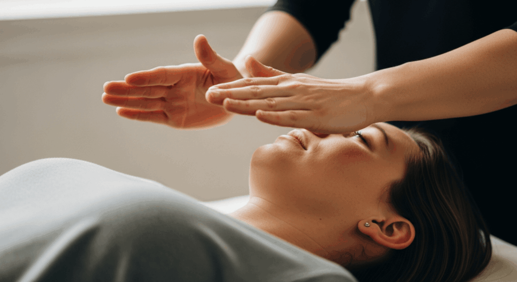 Praticienne LaHoChi plaçant les mains au-dessus du visage d’une personne allongée sans contact direct
