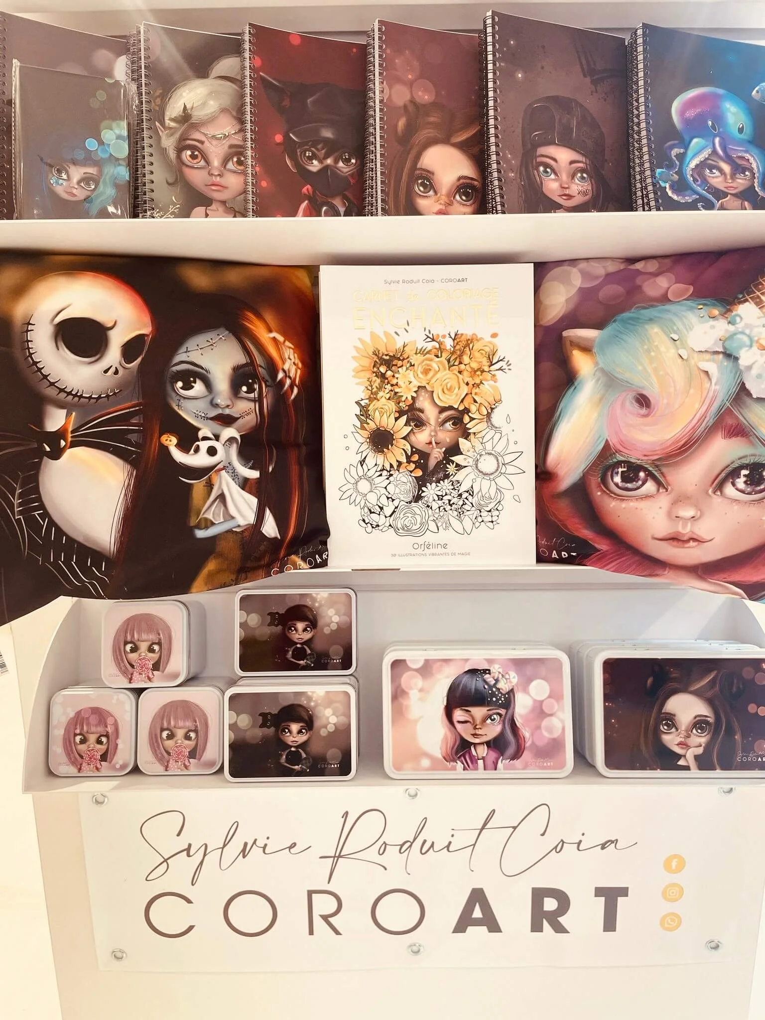 Exposition des carnets, posters et boîtes illustrées créés par Sylvie Roduit, artiste CoroArt.